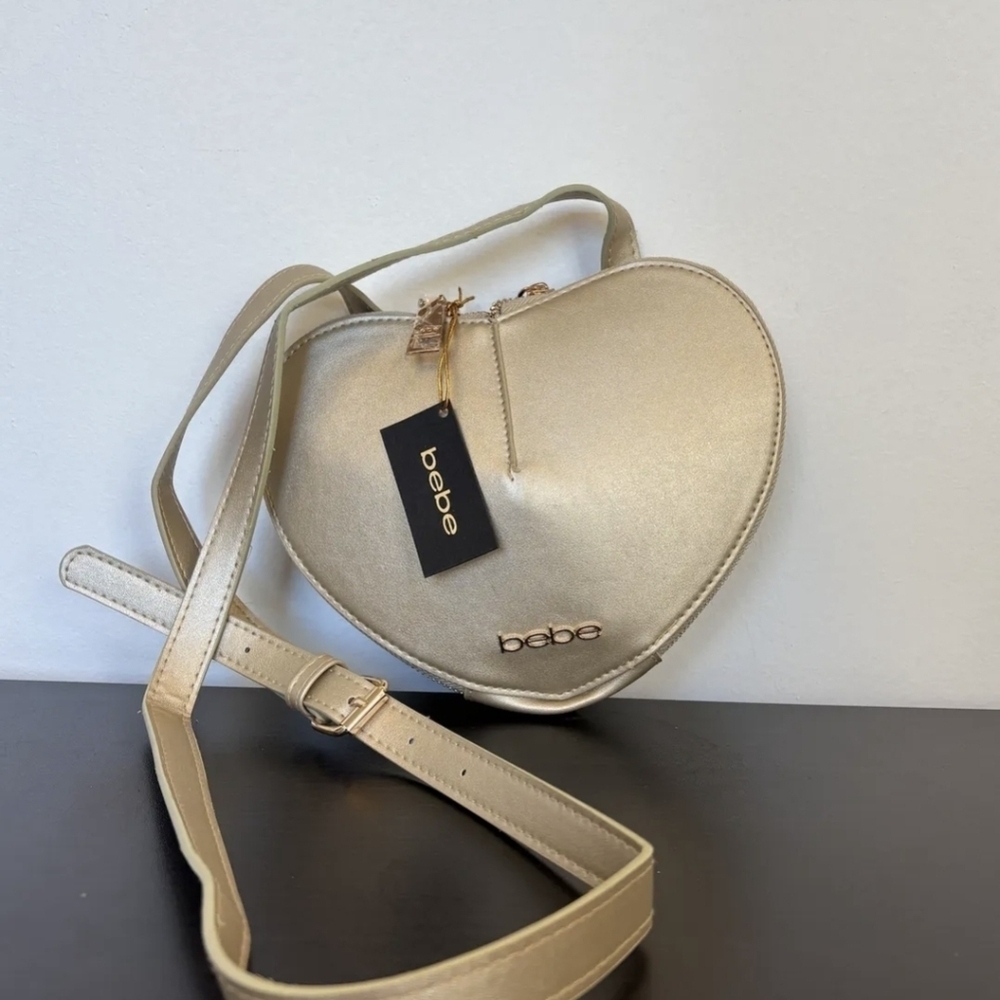 bebe Malou Heart Shaped Crossbody Bag in Gold, NWT.